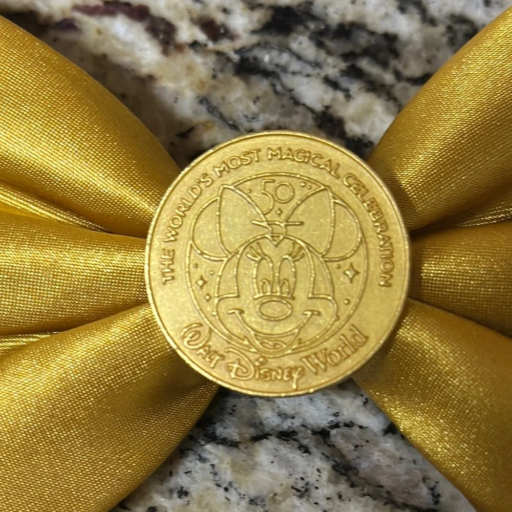 Disney World Gold Satin Hair Bow with Minnie Character Emblem 50th Anniversary 🎀